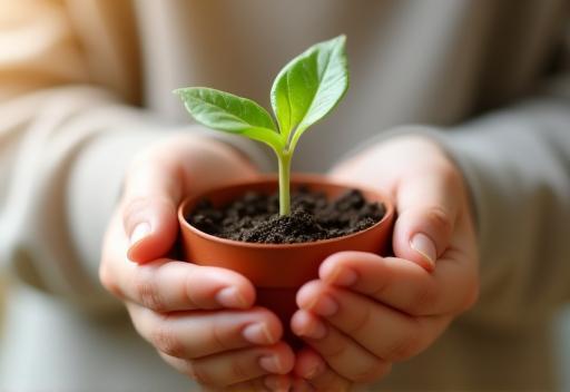 A child's hands are shown gently holding a small pot with a sprouting plant, symbolising growth and care.