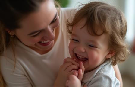 A smiling parent is gently holding and playing with their young child indoors, sharing a joyful moment together.