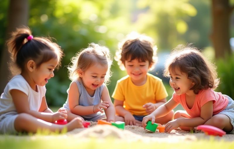 Happy children playing together outdoors in a sunny garden setting, sharing toys and smiling.