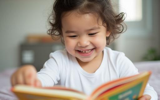 A young child with bright eyes is happily engaged in reading a colourful picture book, smiling as they turn the pages.
