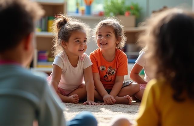 A group of diverse young children are happily participating in a circle time activity, listening attentively to their teacher.